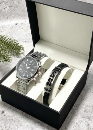 Подарочный набор для мужчины часы и браслет + коробка #23245300
